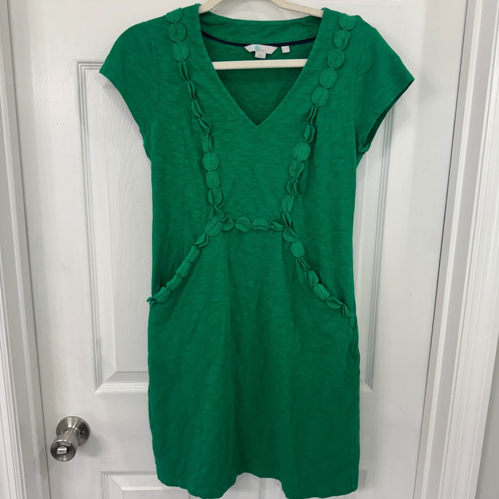 Boden Green Saskia Jersey V-Neck Dress with Crochet Trim and Pockets US 6R